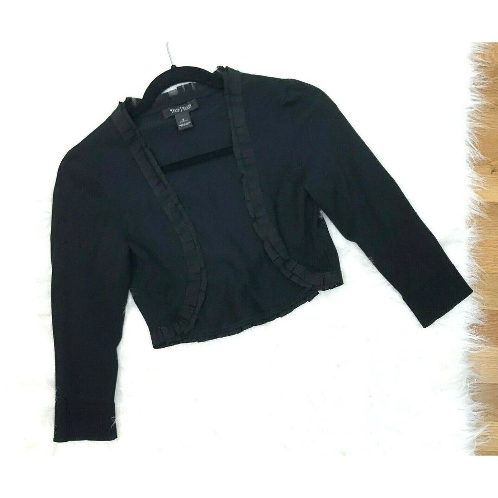 WHBM White House Black Market Crop Open Pleated Ruffle Cardigan Sweater Black Sm